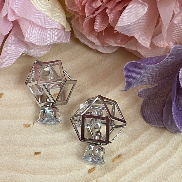 Geometric Double Stud Crystal Diamond Earrings - Picture 7 of 8